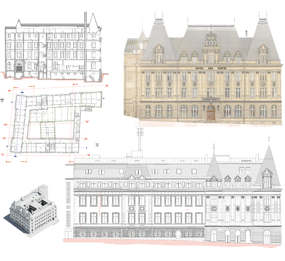 Ancien Hotel des Postes, situé place Hamilius.Acquisition de données par scan 3D intérieur et extérieur du bâtimant et survol photogrammétrique par drone.Calcul du nuage de points et établissement d’une maquette numérique servant de base pour l’étude architecturale et la planification des travaux.Extraction automatique des vues en plan et coupes.Relevé photogrammétrique des façades pour établissement des plans d’élévation détaillés. KNEIP INGéNIEURS-CONSEILS S.à R.L.