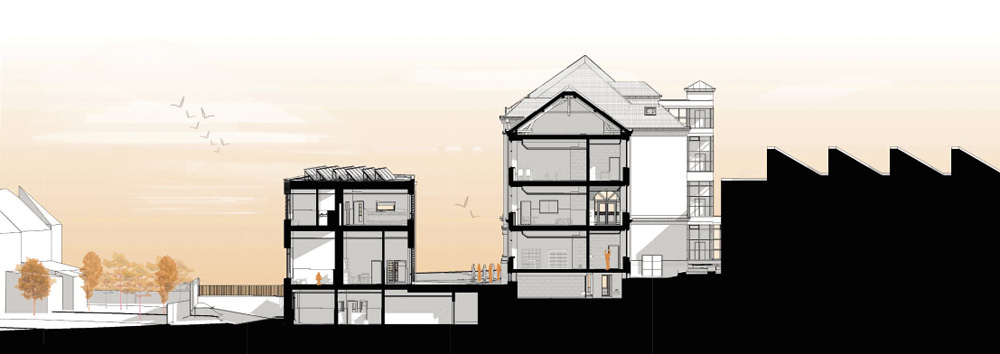 COUPE PERSPECTIVE: ANNEXE (A GAUCHE) ET BATIMENT EXISTANT (A DROITE)